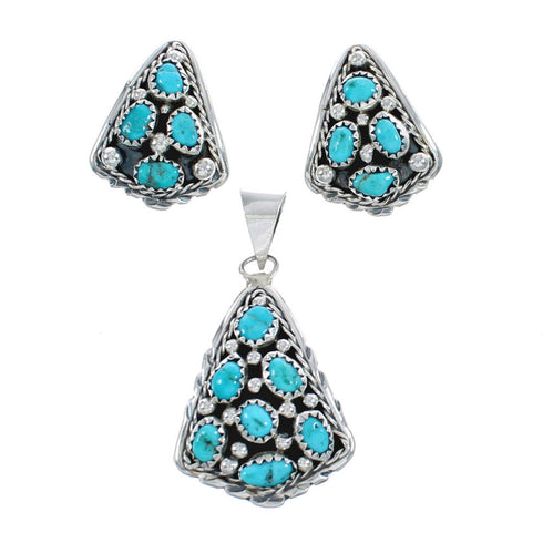 Navajo Authentic Sterling Silver Turquoise Pendant Earrings Jewelry Set JX124287